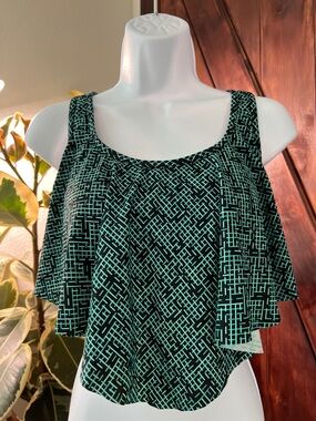 Black & Mint Patterned Flounce Bikini Top